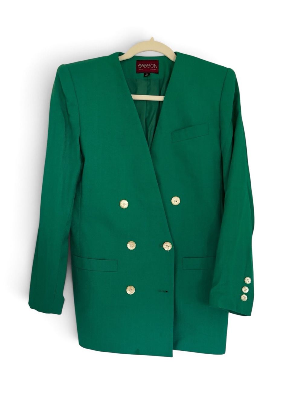 Vintage SASSON  Emerald Kelly Green Linen Double-Breasted Blazer Size 8